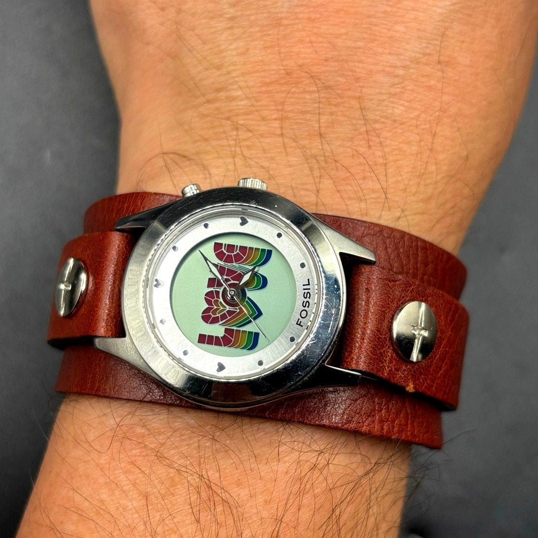 Fossil Big Tic JR8260 Love Rainbow Heart Animated Y2K Leather Vintage Watch