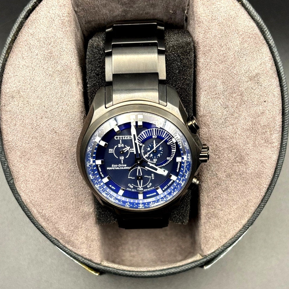 Citizen BL5607-54L Men’s Eco-Drive Sport Chronograph Blue Dial Black IP NIBWT