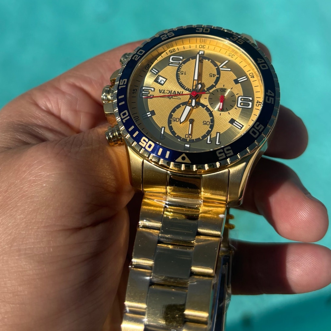Invicta Specialty 49095 Mens Chronograph 45mm Gold Stainless Steel Blue Bezel