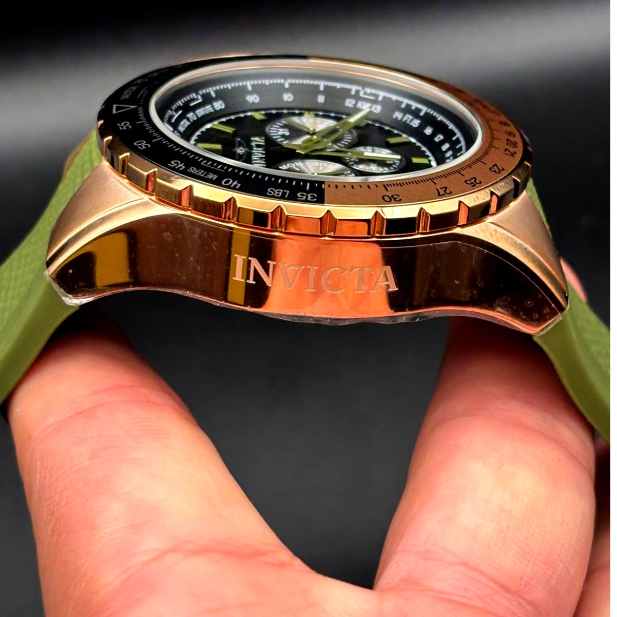Invicta Aviator Skyshock 39311 50mm Men's Gold Green Silicone Strap Watch NIBWT
