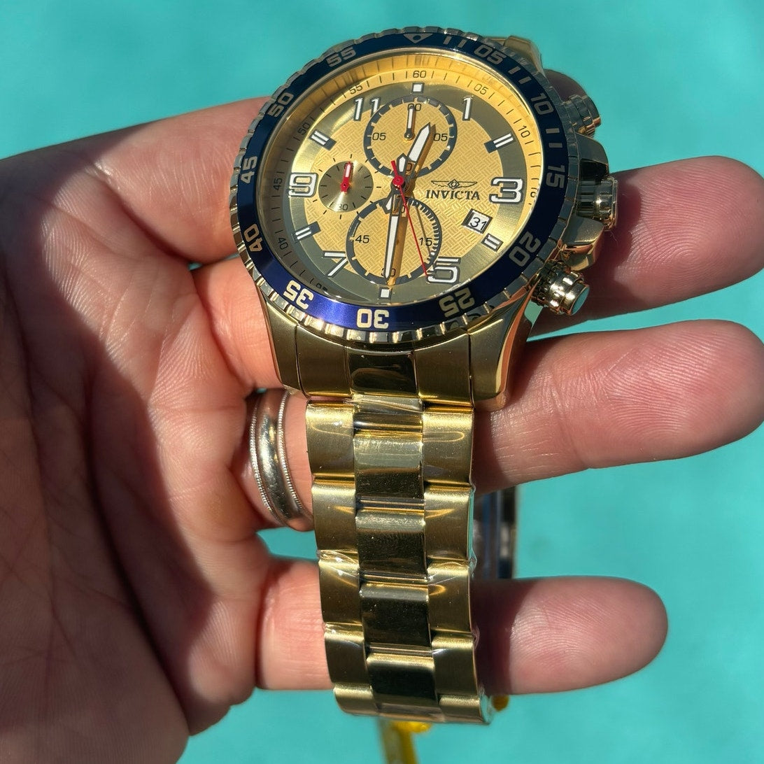 Invicta Specialty 49095 Mens Chronograph 45mm Gold Stainless Steel Blue Bezel