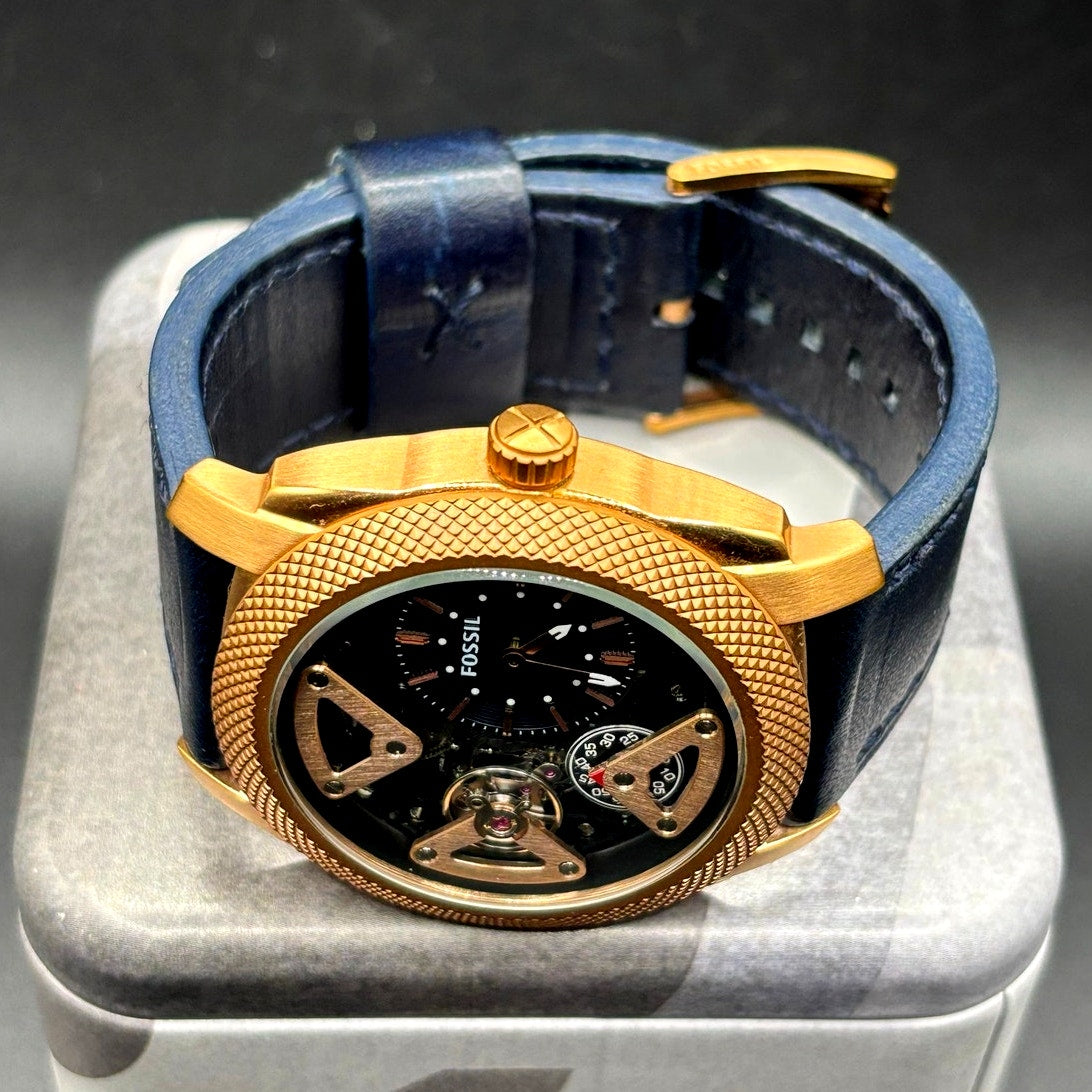 Fossil ME1158 Machine Twist Hybrid Rose Gold Blue Leather Men's Watch 45mm