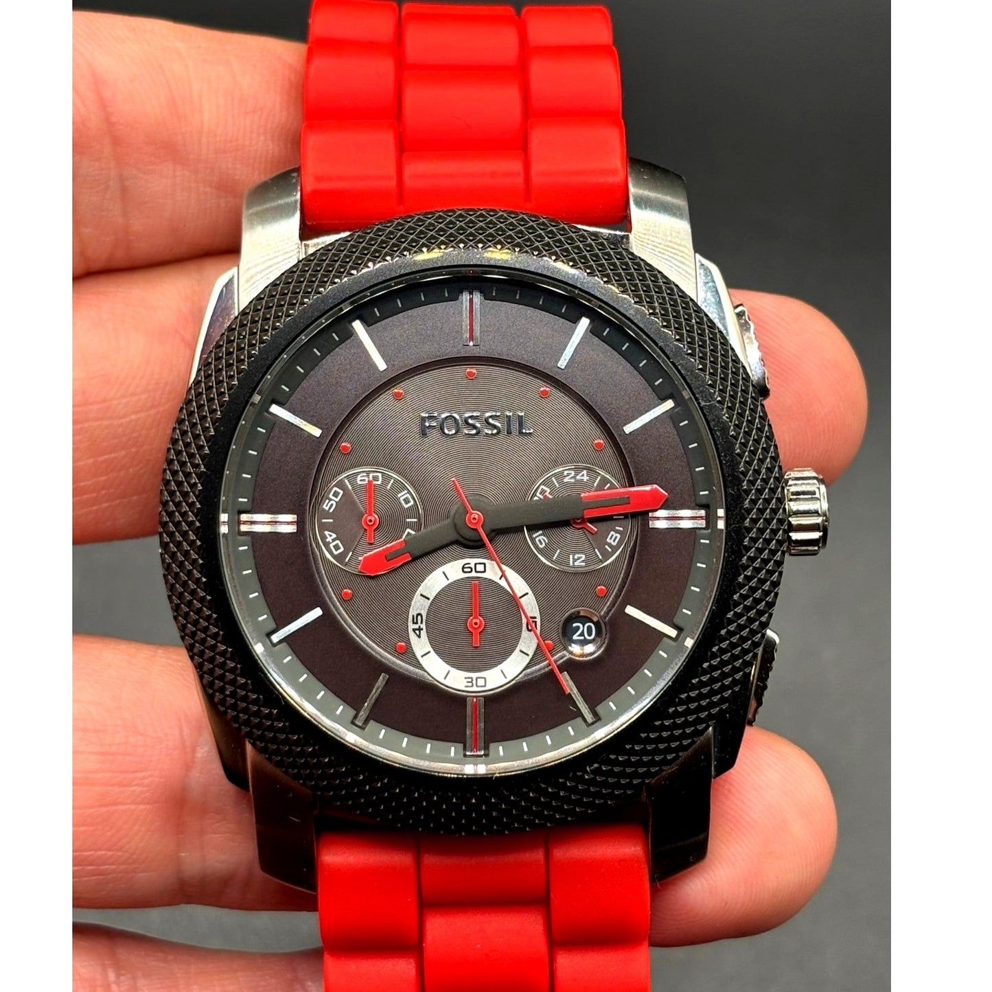 Fossil FS4598 Machine Chronograph Men’s Silver Red Silicone Strap Watch