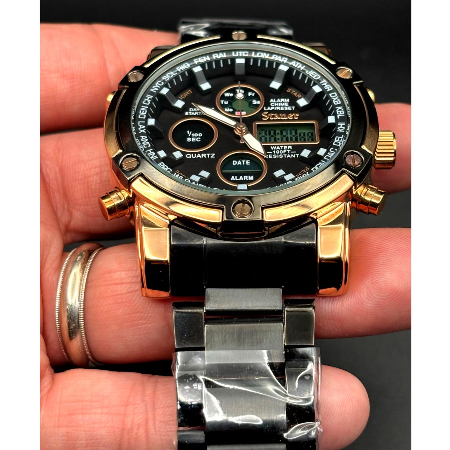 Stauer 52318 Due Volta Chronograph Men's Watch 48mm Rose Gold Black Steel NIB