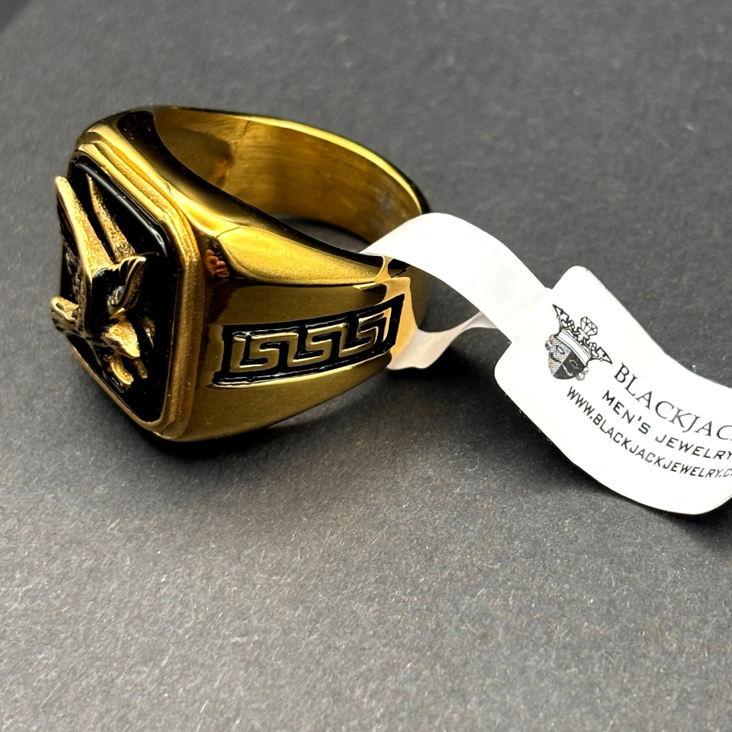 Blackjack BJZ03G Mens Onyx Eagle Ring 18K Gold Plated Stainless Steel NWT