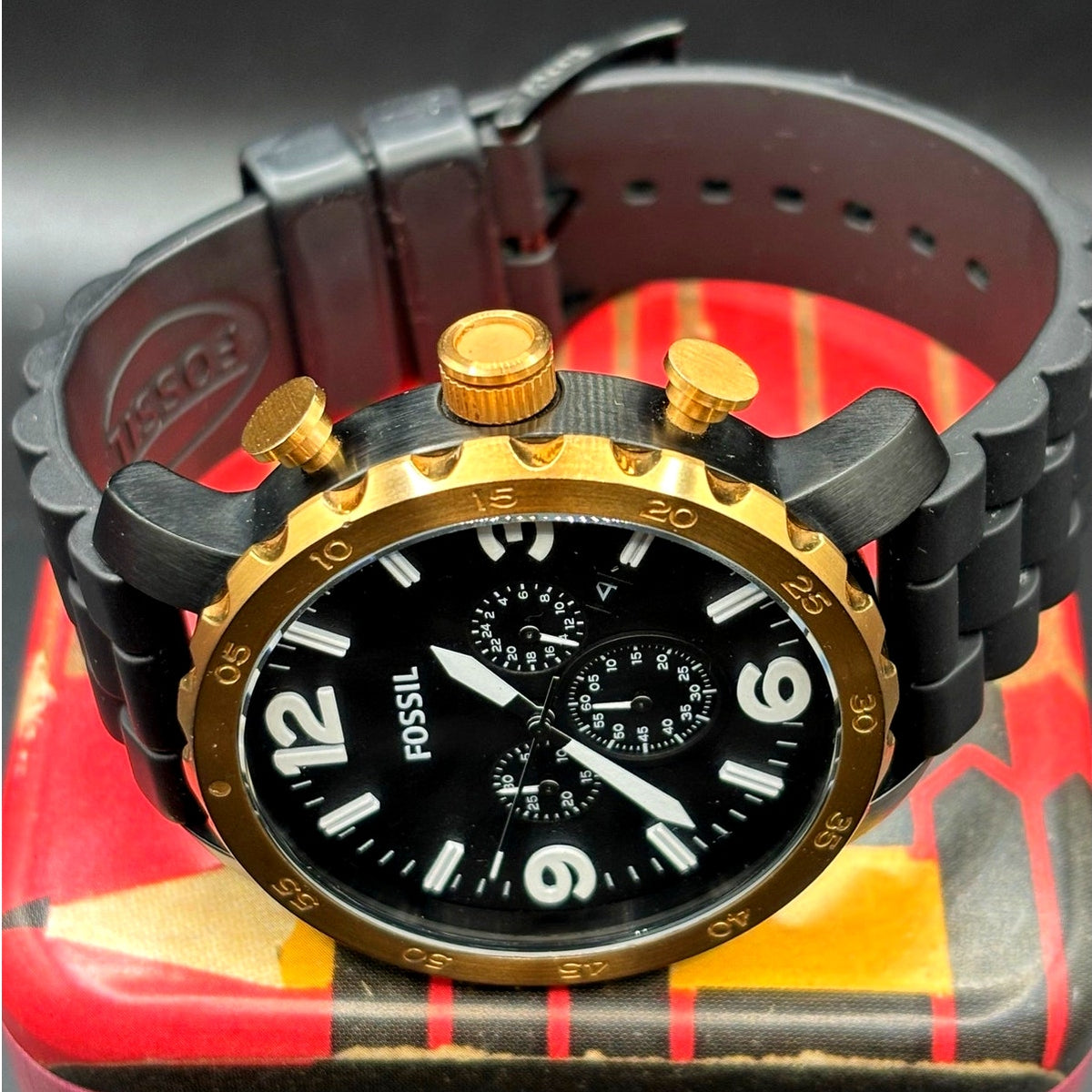 Fossil Nate JR1369 Chronograph 50mm Rose Gold Black Silicone Men’s Watch