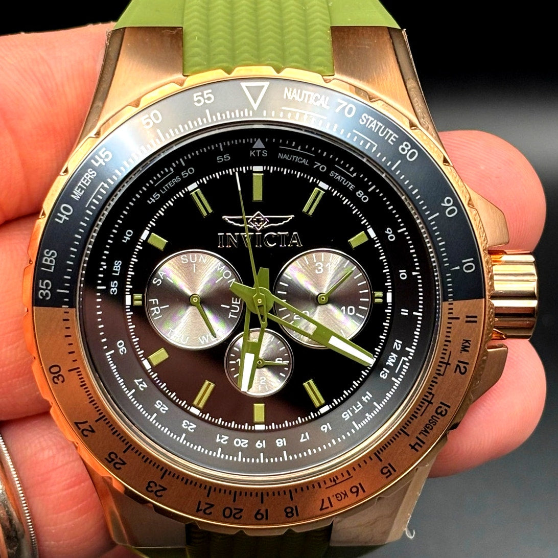 Invicta Aviator Skyshock 39311 50mm Men's Gold Green Silicone Strap Watch NIBWT