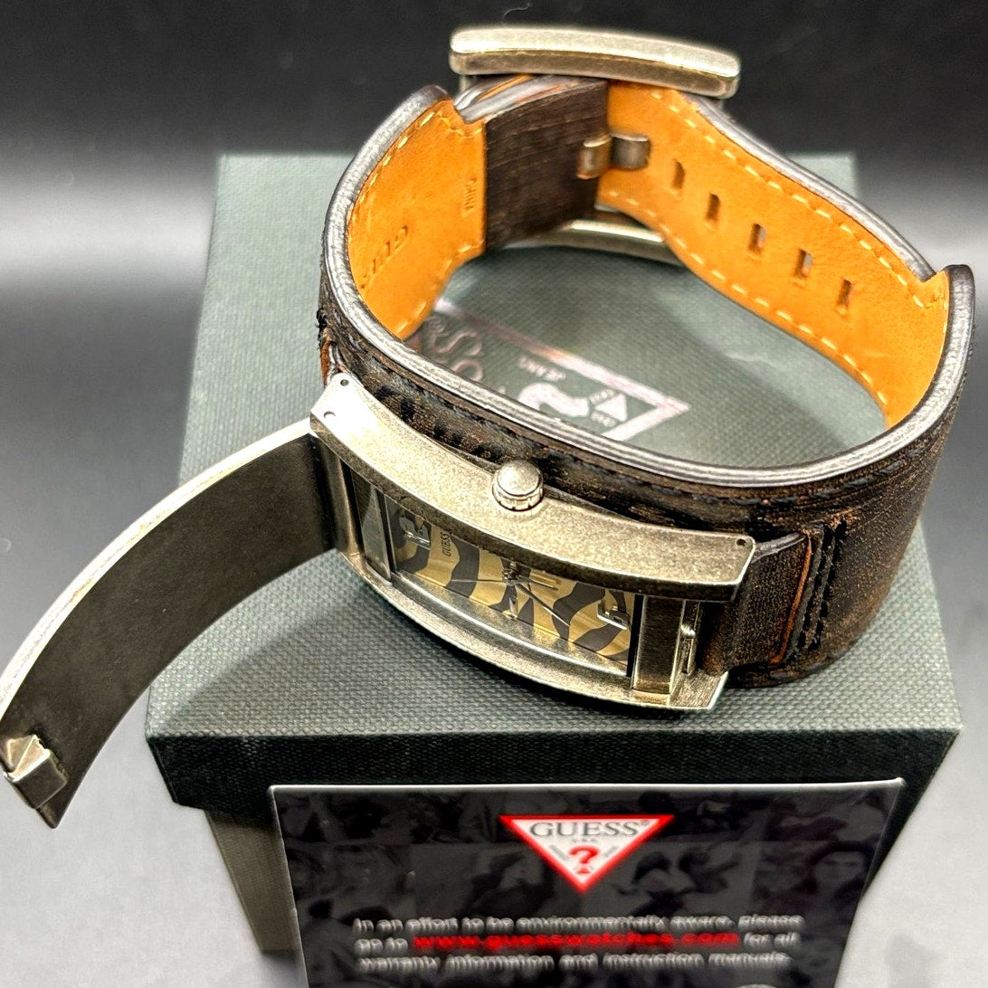 Vintage GUESS G55342L Armored Tiger Leather Cuff Flip Cover Y2K Watch