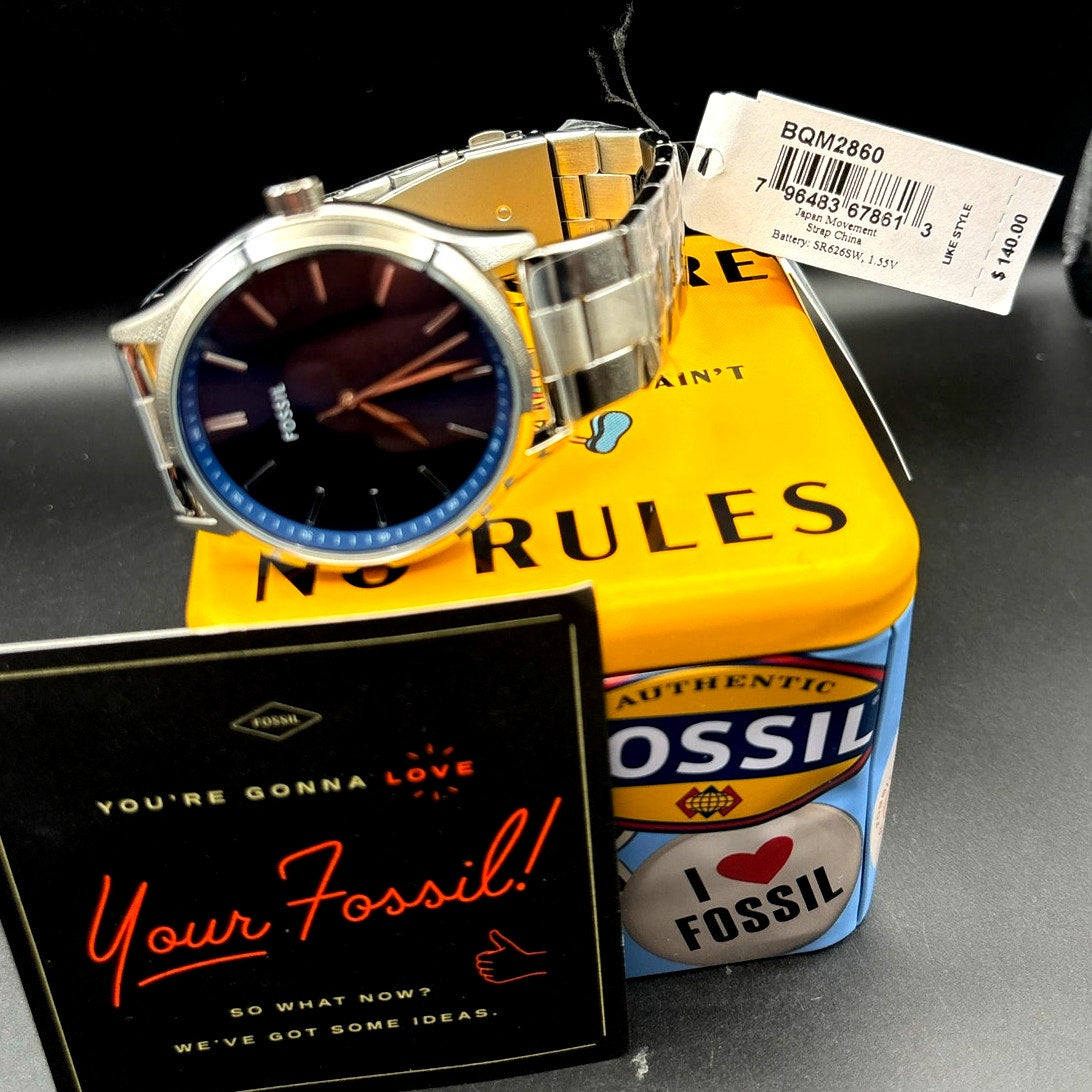 Fossil BQ2860 Fenmore Three-Hand Blue Dial Stainless Steel Men’s Watch NIBWT