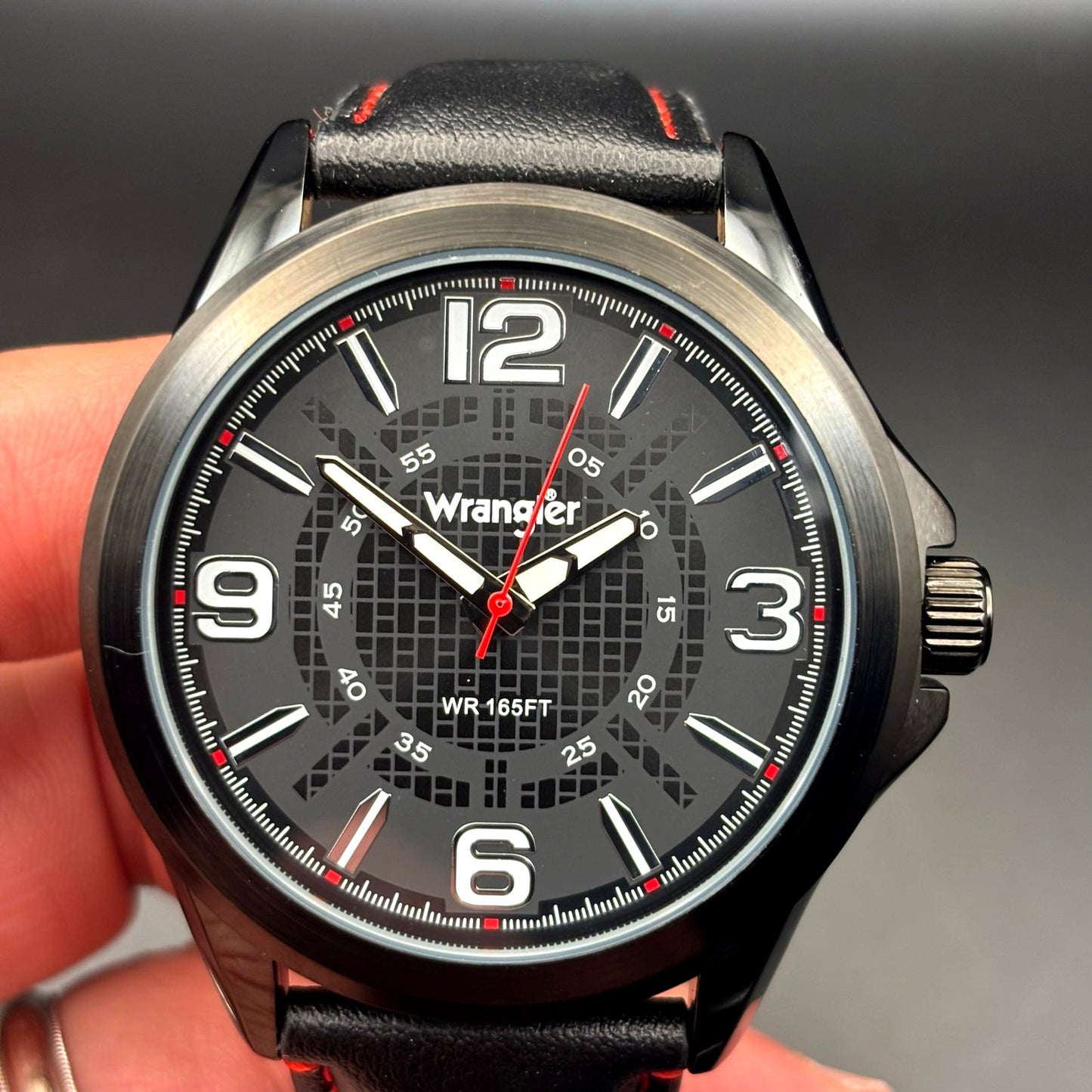 Wrangler WRW2400-1A Mens Black Analog Watch Black Leather Red Stitching Strap