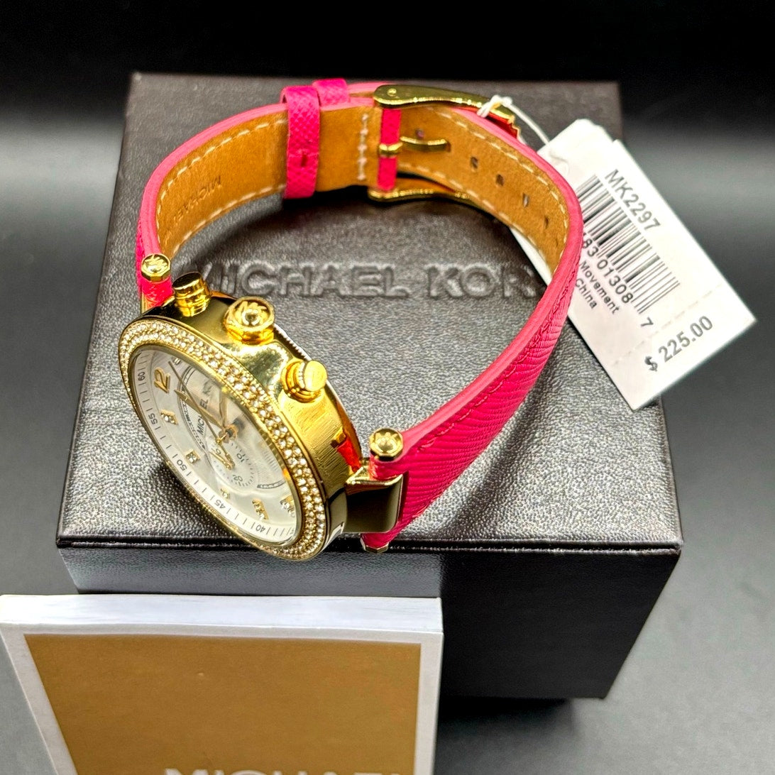 Michael Kors Parker MK2297 Crystal Chronograph Pink Leather Watch NWT