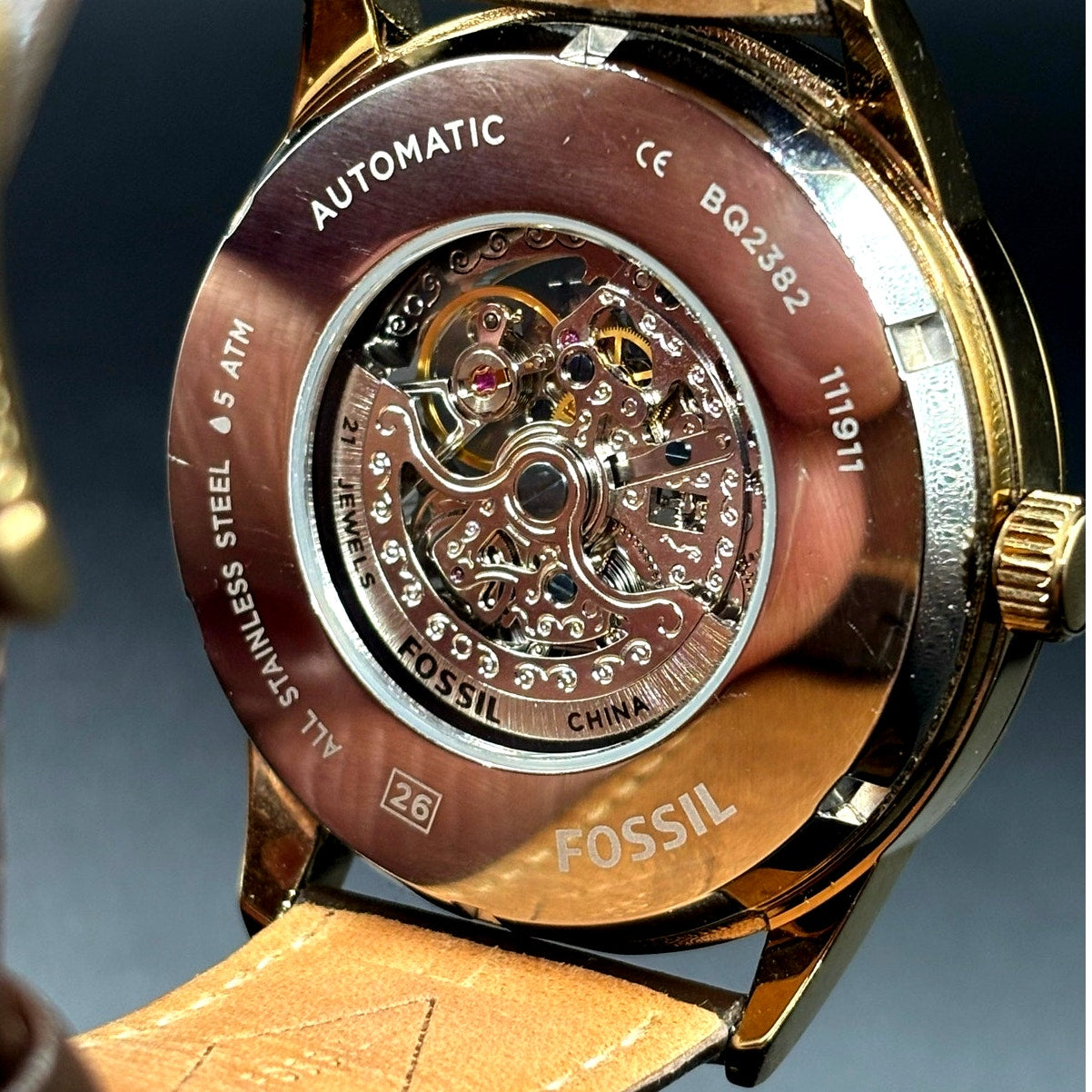 Fossil Flynn BQ2382 Automatic Men's Watch Skeleton Dial Leather Strap 48mm