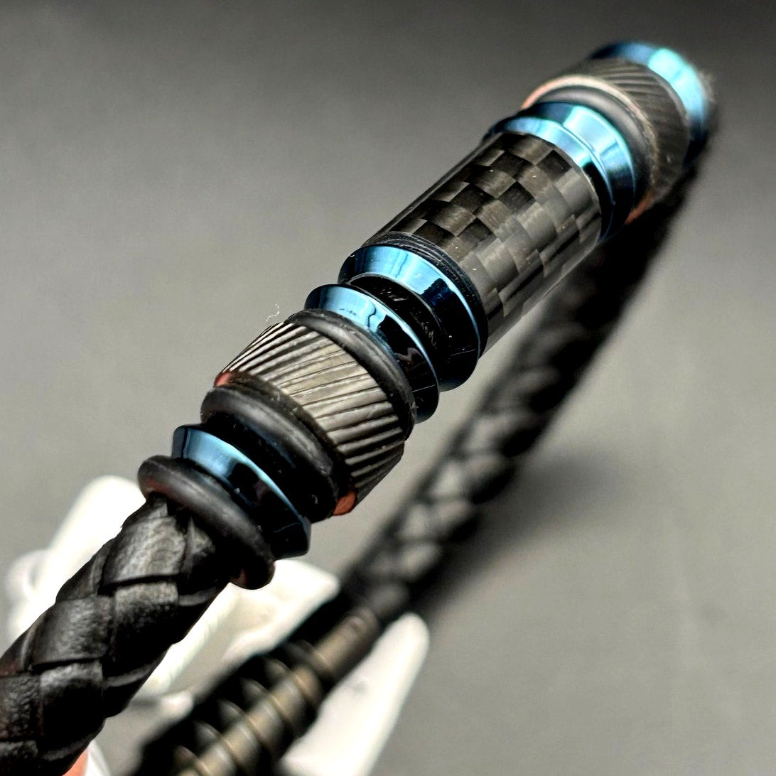 Blackjack BJB210BL Men's Leather Blue Stainless Steel Bracelet With Carbon Fiber