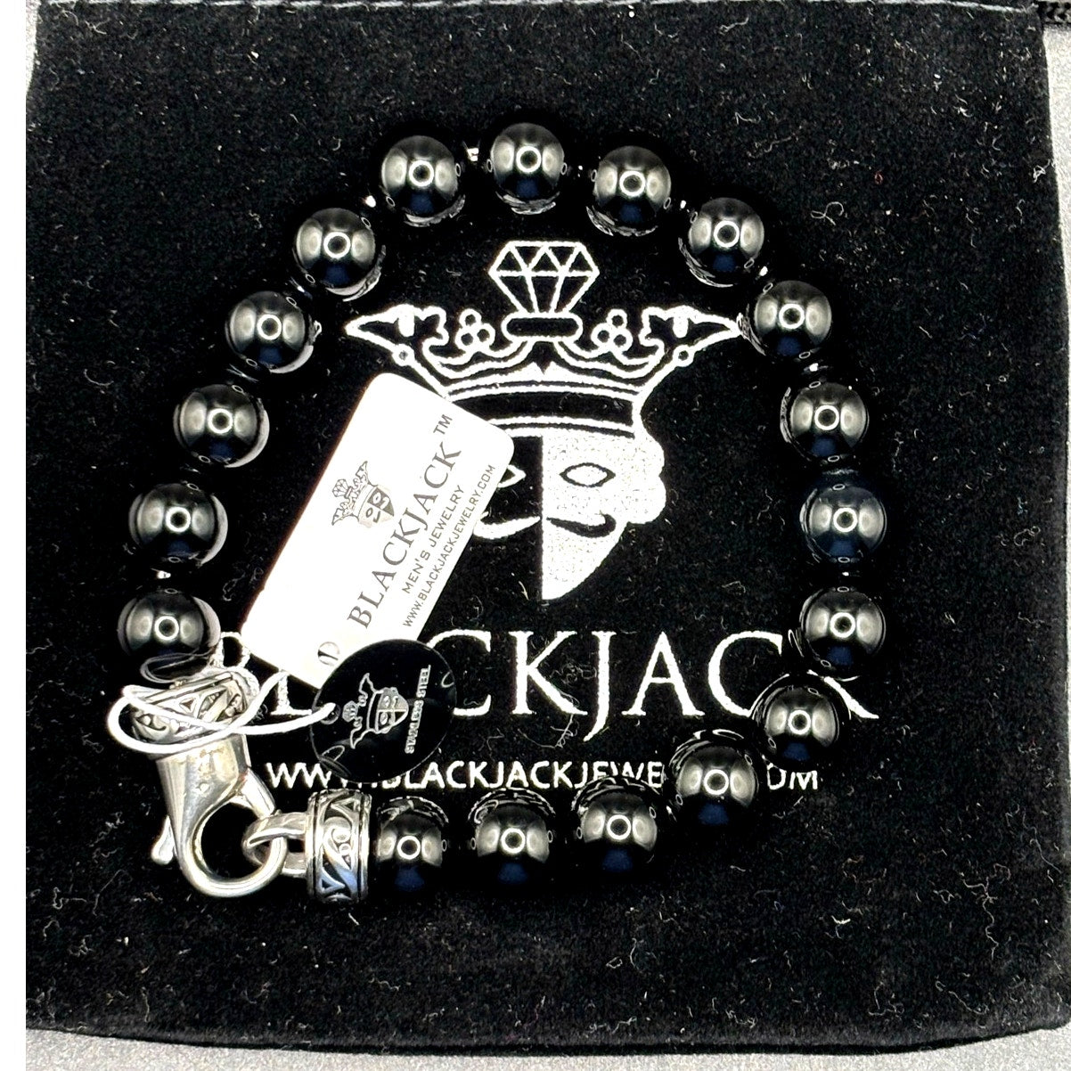 Blackjack BJS244BSO Men's Black Onyx Beaded Bracelet Stainless Steel NIBWT