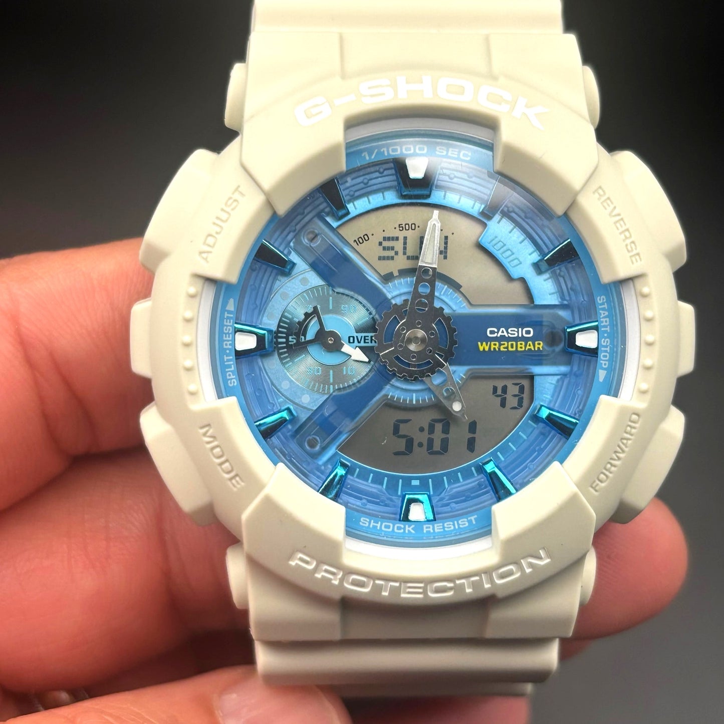 Casio G-Shock GA110AS-5A Men’s Beige Resin Blue Dial Analog Digital Watch NIBWT