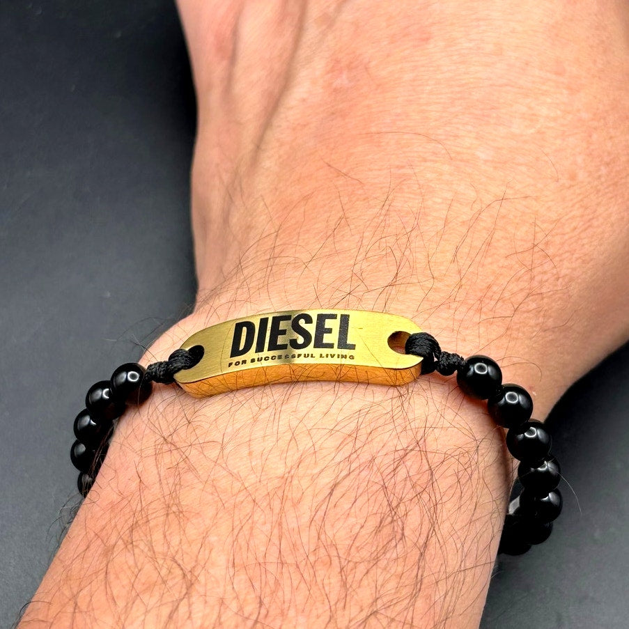 Diesel DX1360710 Men’s Black Bead Gold Tone ID Adjustable Bracelet NIBWT