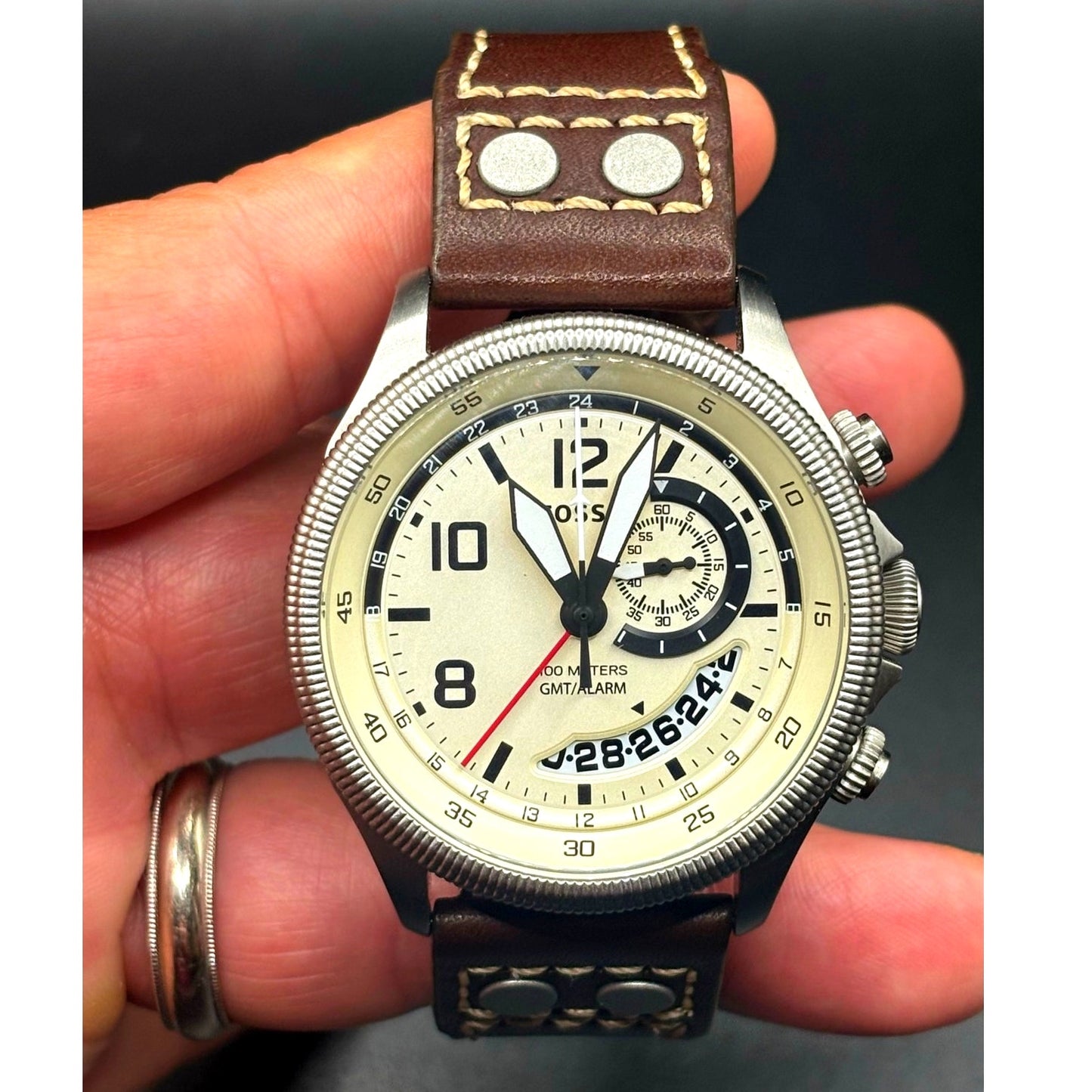 Fossil FS5043 Recruiter GMT Alarm Cream Dial Leather Strap Men’s 44mm Watch