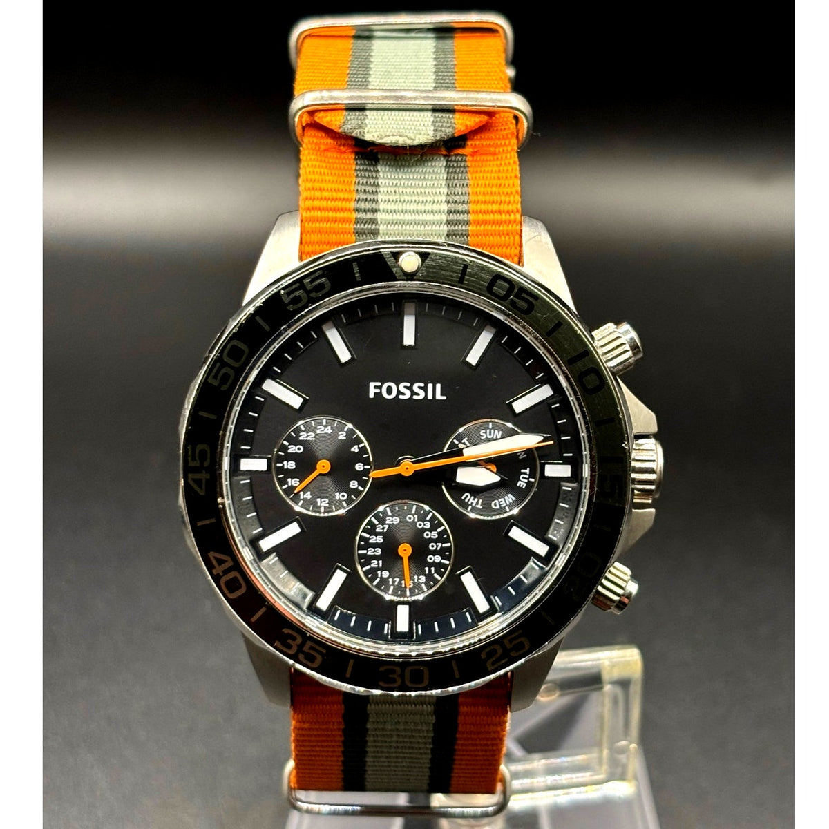 Fossil Bannon BQ2677 Multifunction Black Dial Orange Green Nylon Mens Watch 45mm