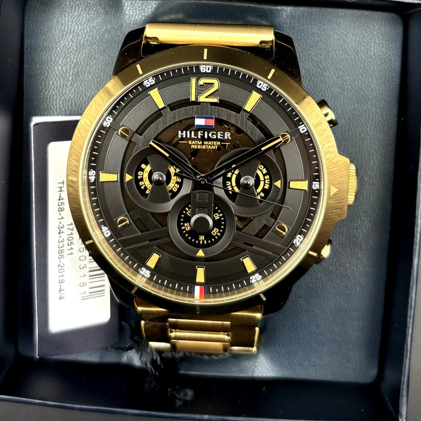 Tommy Hilfiger Luca 1710511 Men’s Multifunction Gold Tone Black Dial Watch NIBWT