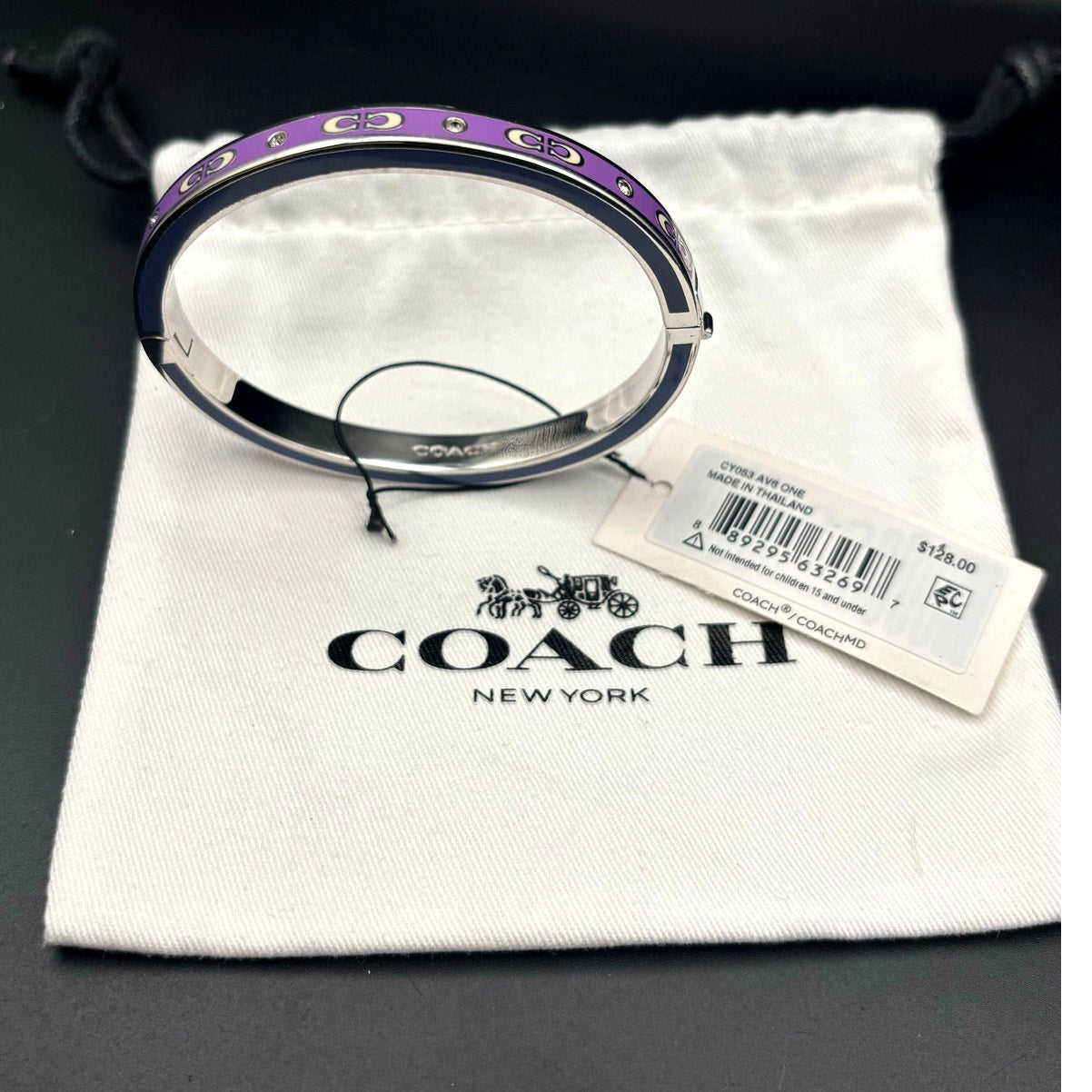 Coach CY053 Kissing Signature Enamel Hinged Bangle Purple and Blue Color NIBWT