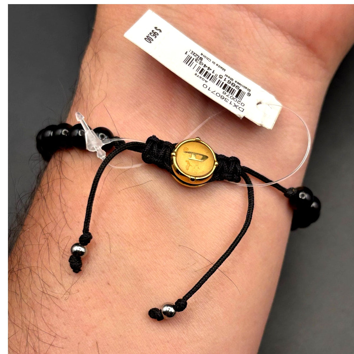Diesel DX1360710 Men’s Black Bead Gold Tone ID Adjustable Bracelet NIBWT