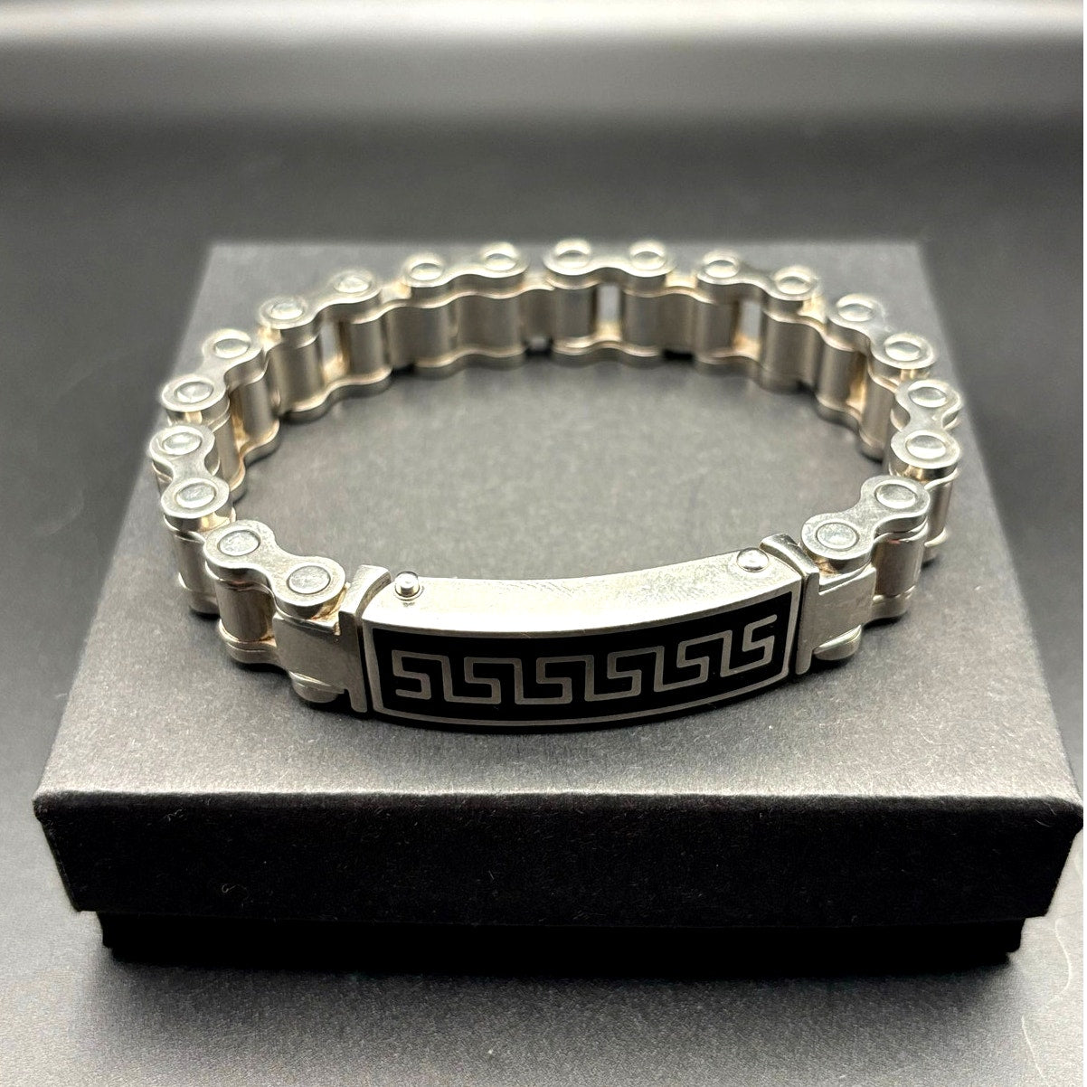 Mens Stainless Steel Chain Bracelet Black Onyx Inlay Greek Key New In Box
