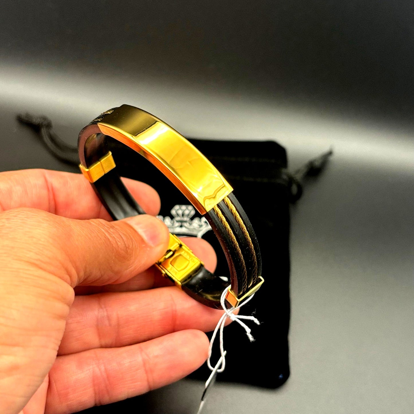 Blackjack BJB251G Mens Black Silicone Gold Stainless Steel Wire Bangle Bracelet