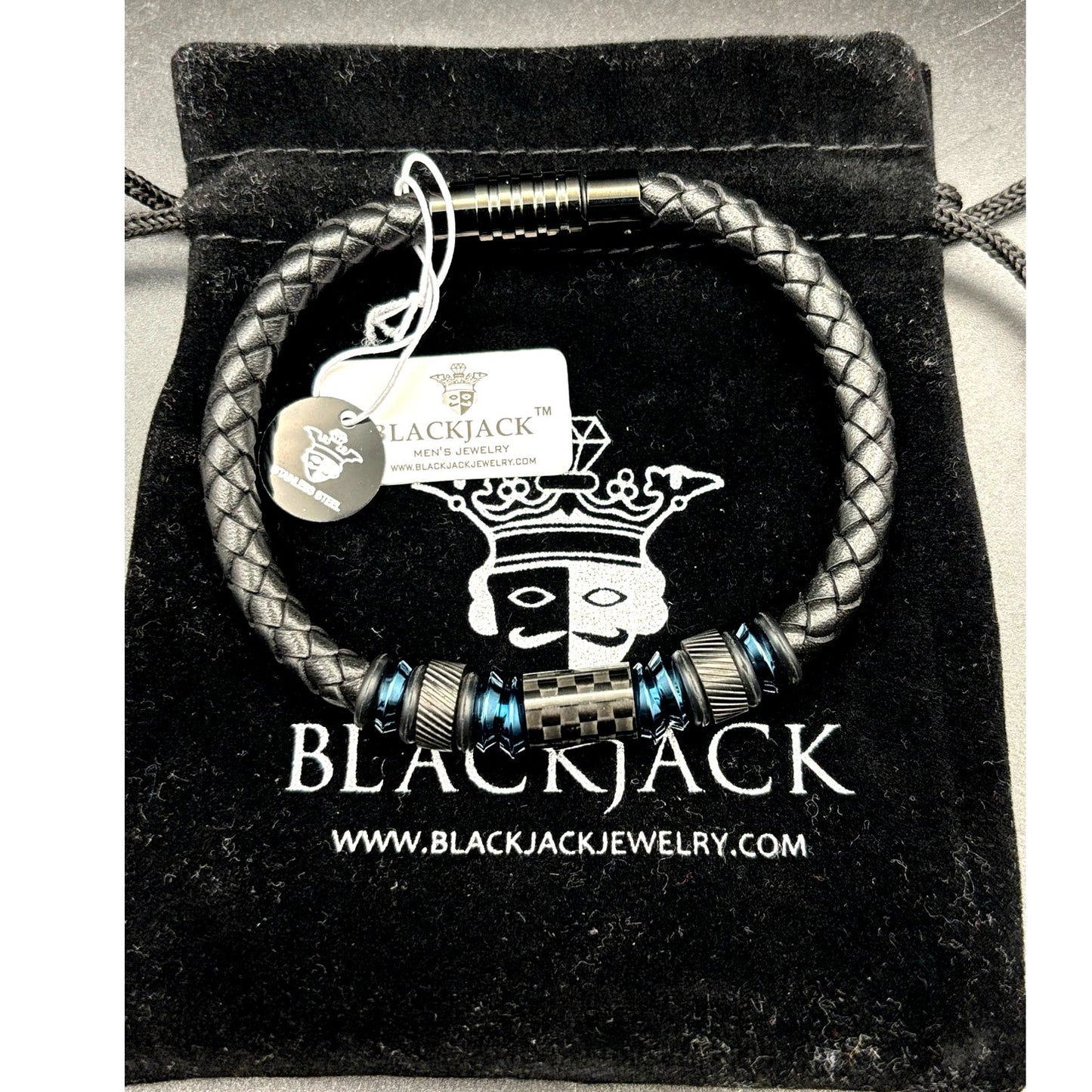 Blackjack BJB210BL Men's Leather Blue Stainless Steel Bracelet With Carbon Fiber