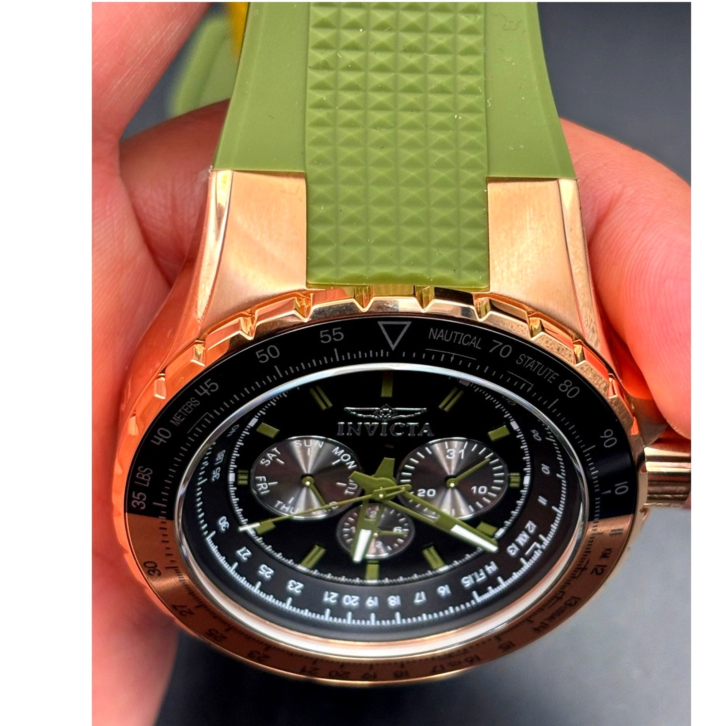 Invicta Aviator Skyshock 39311 50mm Men's Gold Green Silicone Strap Watch NIBWT