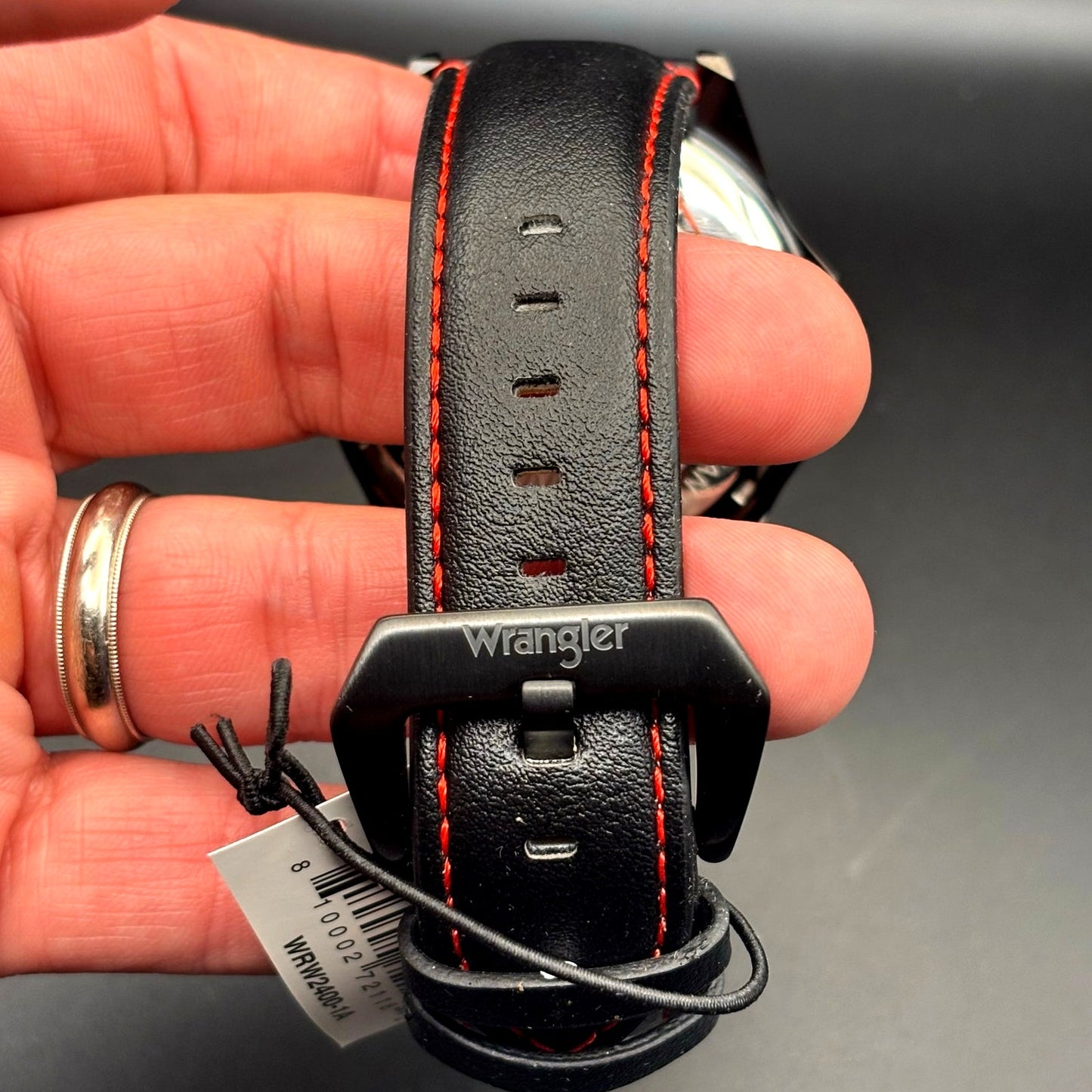 Wrangler WRW2400-1A Mens Black Analog Watch Black Leather Red Stitching Strap