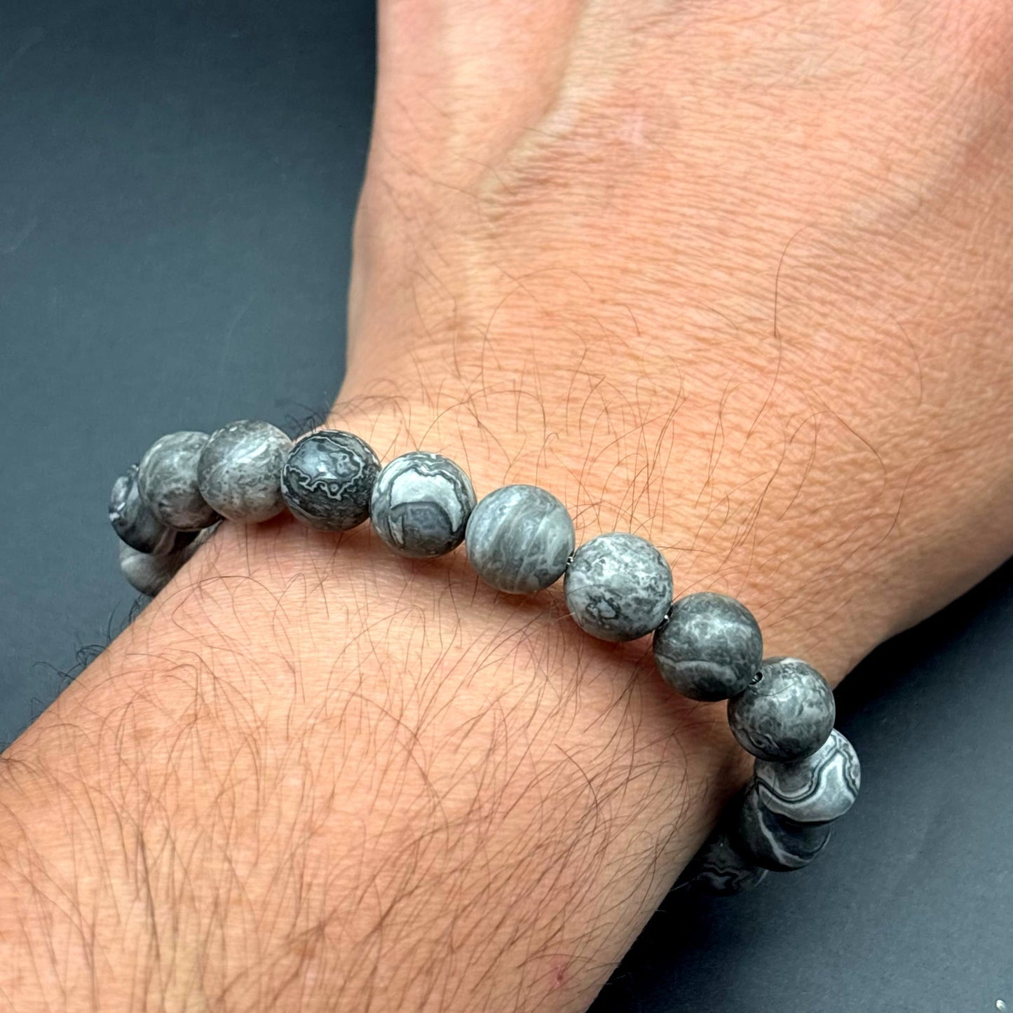 Blackjack BJB244BJ Men’s 10mm Gray Jasper Stainless Steel Beaded Bracelet NWT