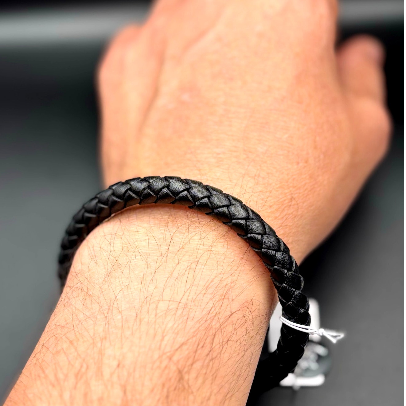 Blackjack BJB237BB Mens Black Leather Stainless Steel Extendable Bracelet NIBWT