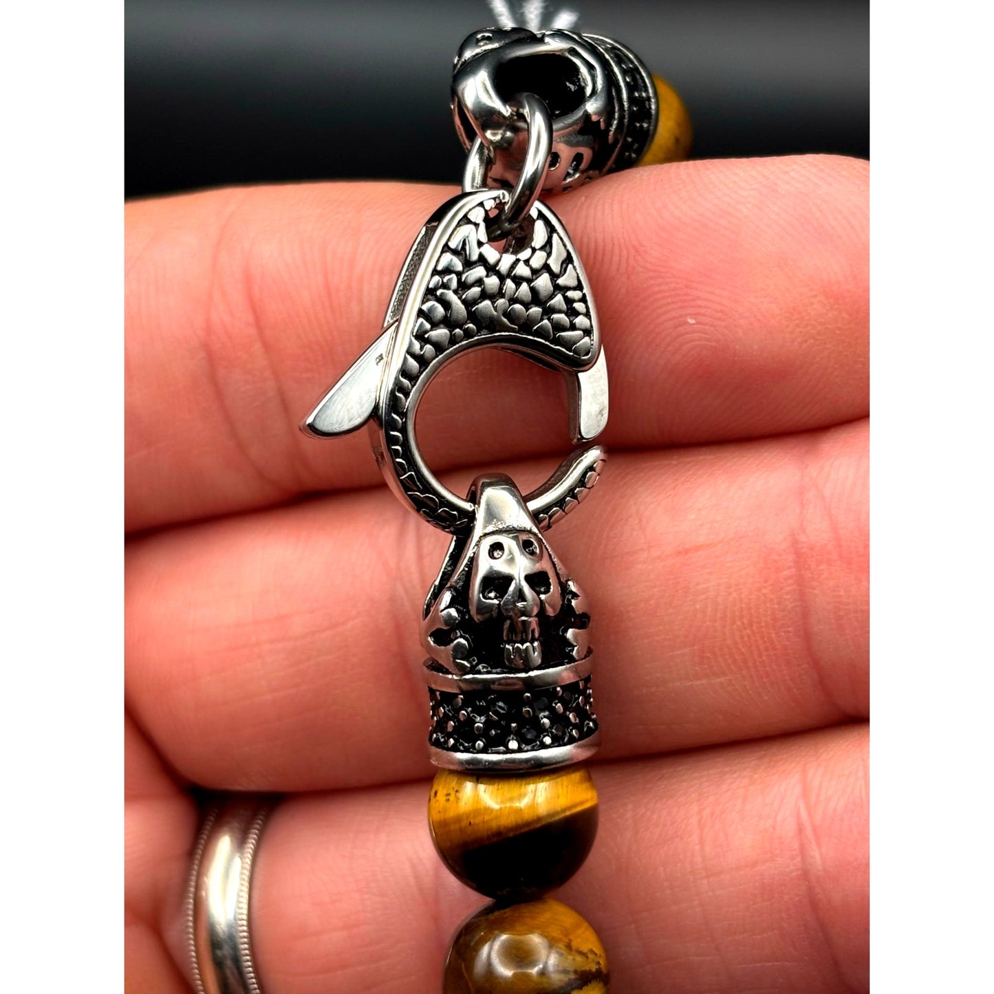 Blackjack BJS16BTE Men's Genuine 10mm Tiger Eye Stainless Steel Beaded Bracelet