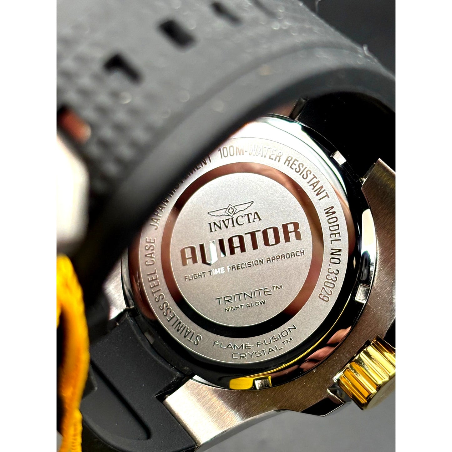Invicta 33029 Aviator Skyshock Men’s Black Dial Gold Bezel Silicone Watch NIBWT