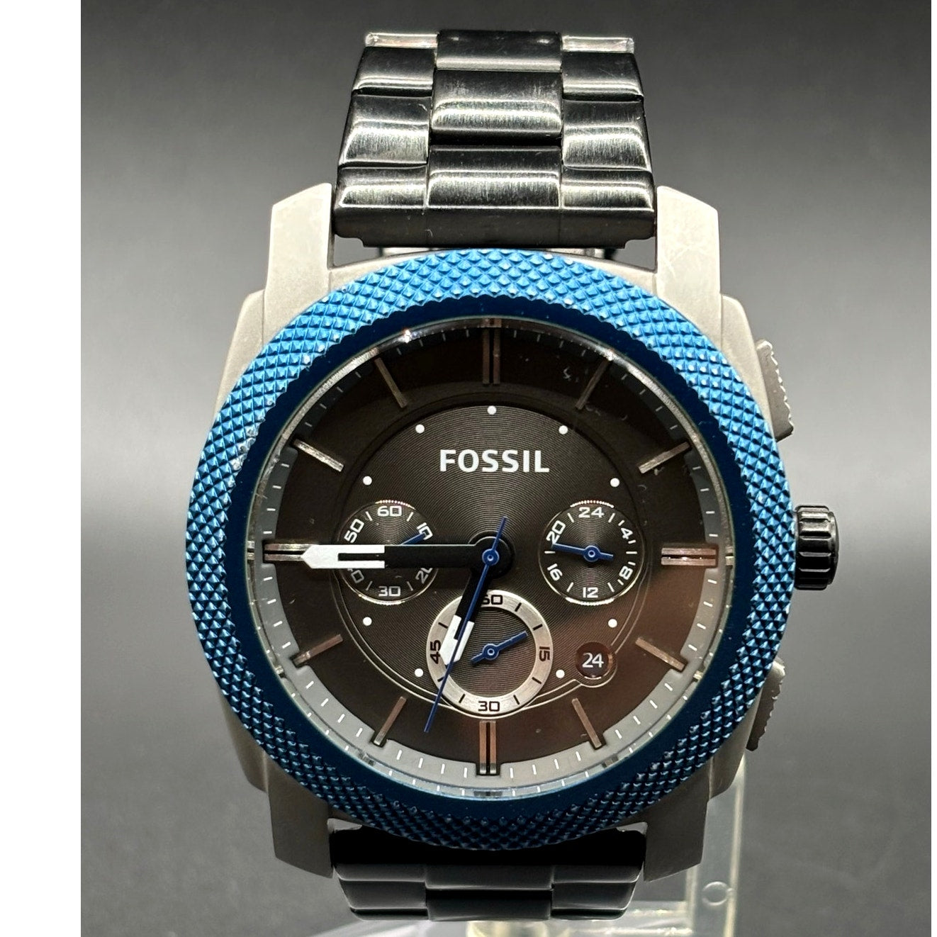 Fossil Machine FS4659 Men’s Chronograph Blue Bezel Gray Dial Black IP Watch
