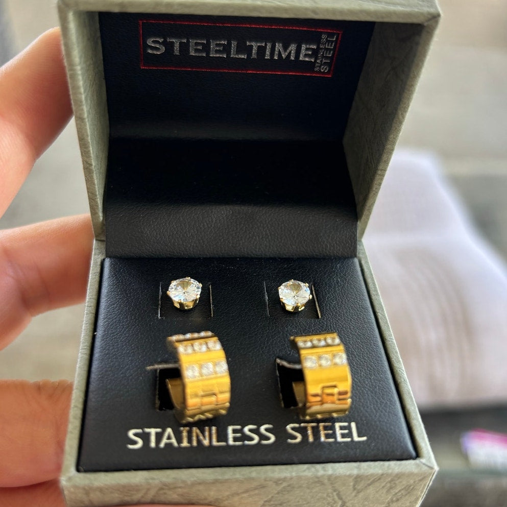 SteelTime Men’s Stainless Steel Earring Set – Gold Huggies + CZ Studs