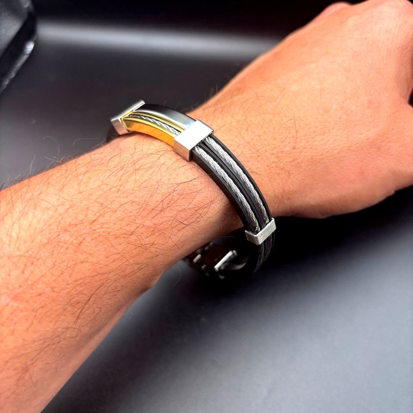 Blackjack BJB11G Mens Black Silicone Gold Stainless Steel Wire Bangle Bracelet