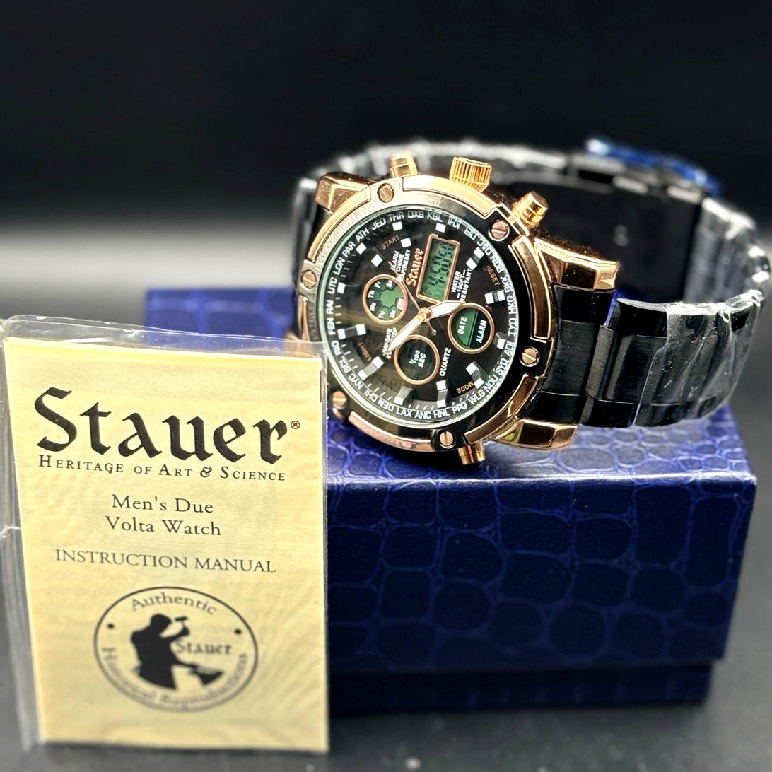Stauer 52318 Due Volta Chronograph Men's Watch 48mm Rose Gold Black Steel NIB