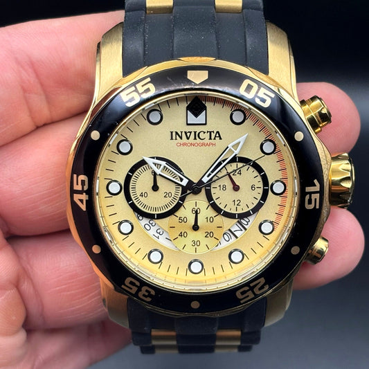 Invicta Pro Diver 17566 Men’s Chronograph Black & Gold Silicone Strap Watch NIB