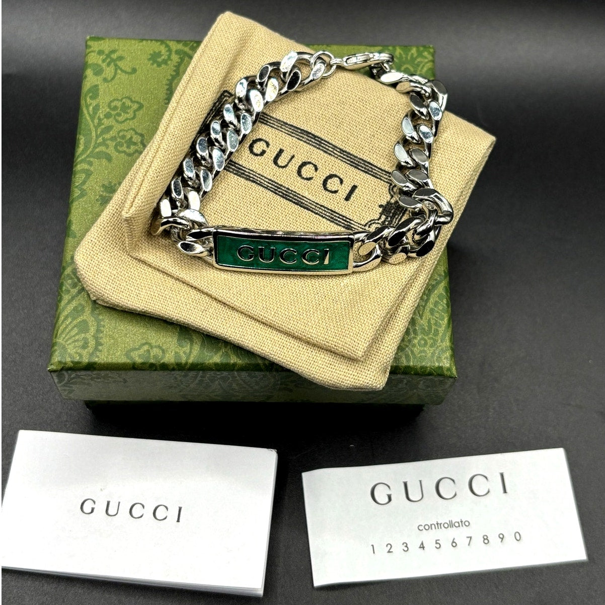 Gucci Sterling Silver Turquoise Enamel Logo ID Unisex Bracelet 7.5 NIB