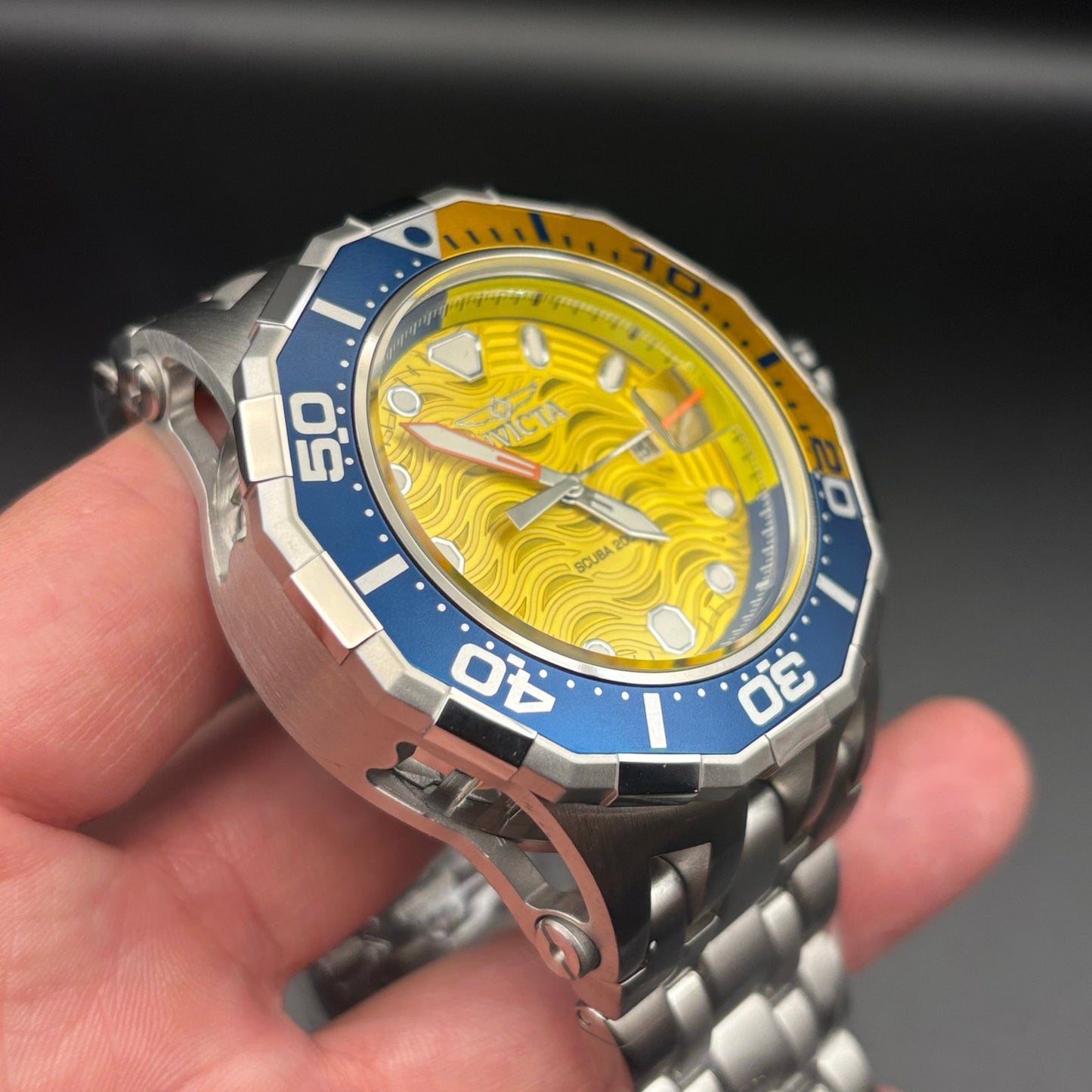 Invicta 47844 Pro Diver Wave Scuba Yellow Dial Blue Bezel Steel Alum Men's Watch