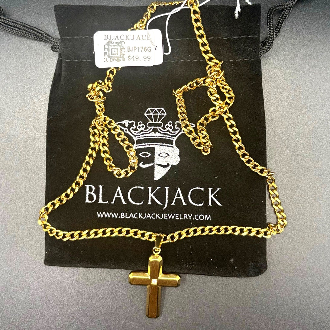 Blackjack BJP176G Mens Gold Stainless Steel Cross Pendant Necklace With CZ NIBWT