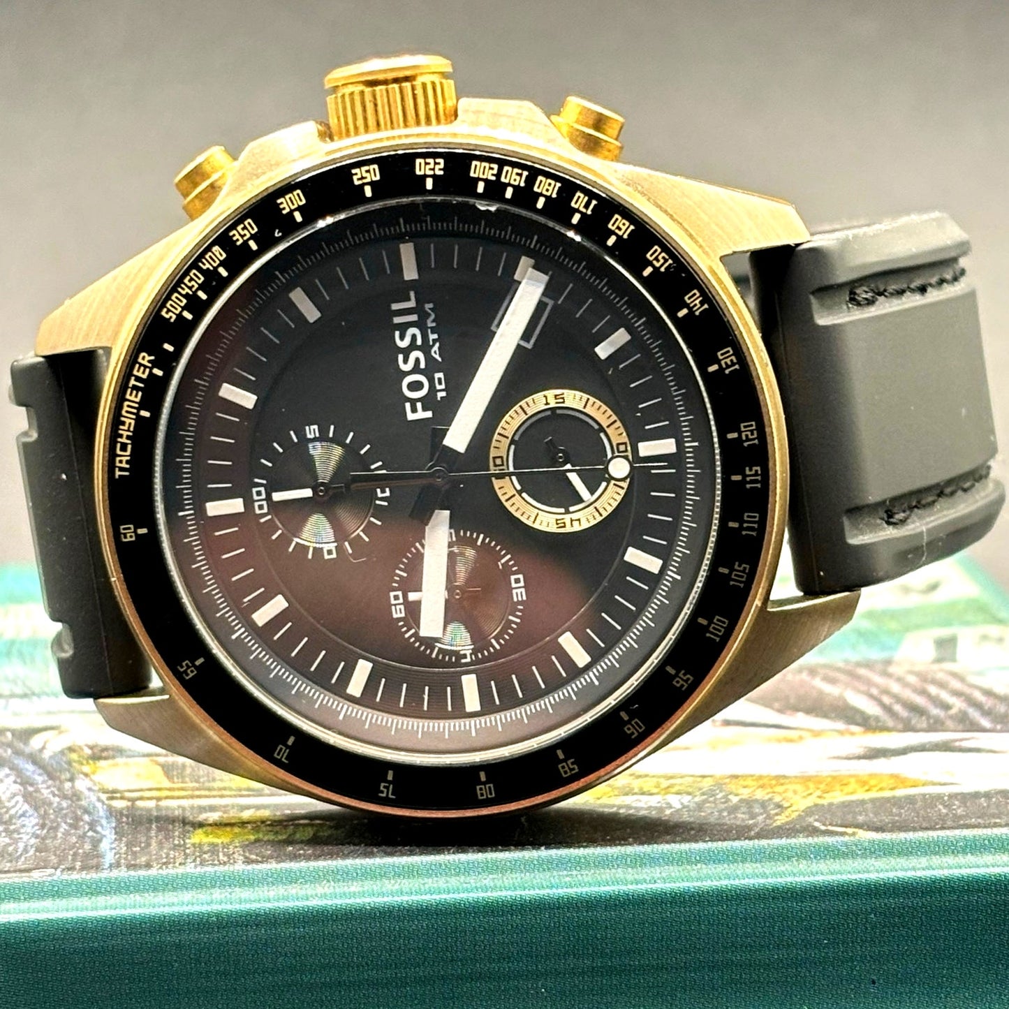 Fossil Decker DE-5003 Chronograph Black Dial Bronze Tone Silicone Strap Watch