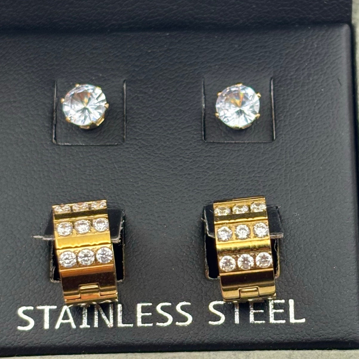 SteelTime Men’s Stainless Steel Earring Set – Gold Huggies + CZ Studs