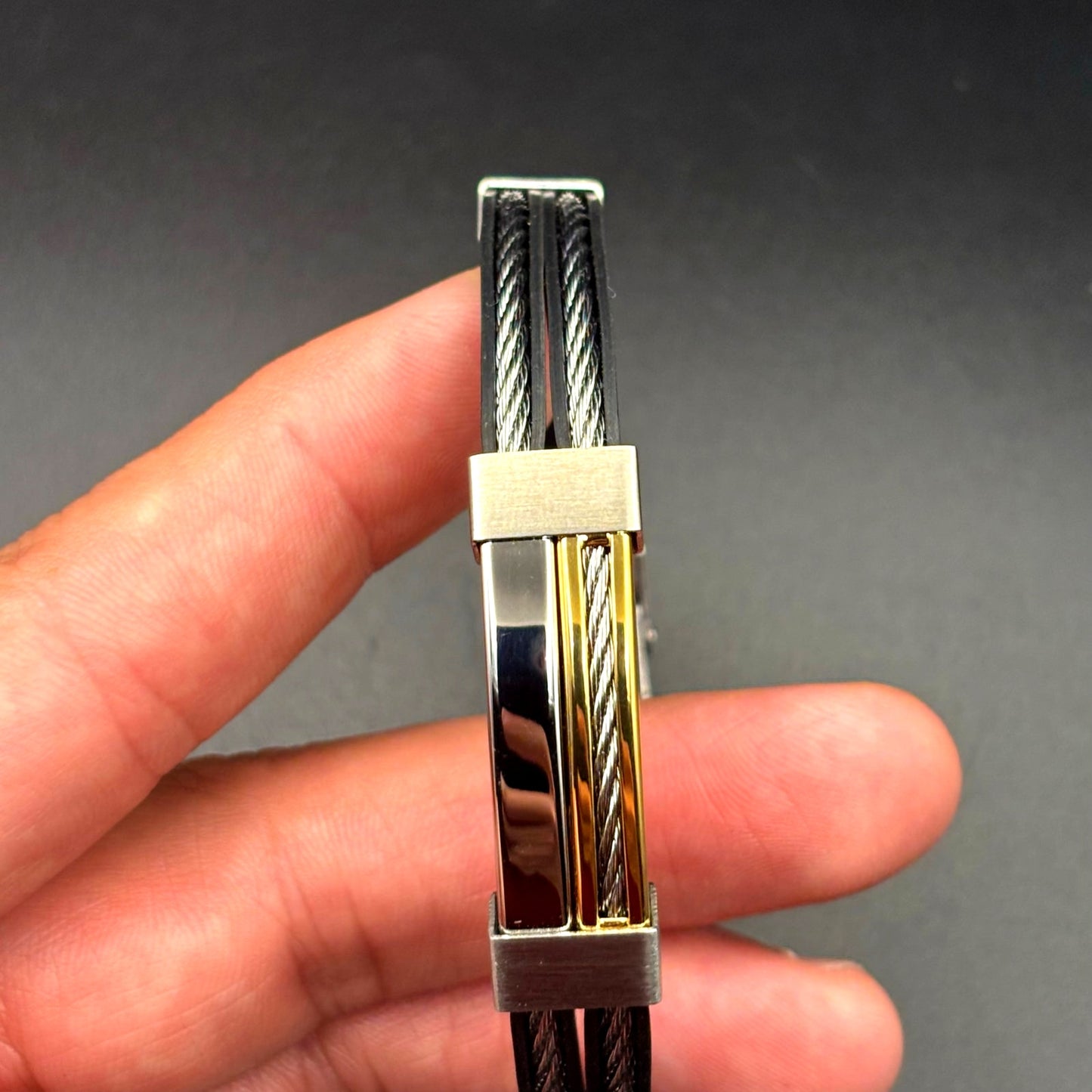 Blackjack BJB11G Mens Black Silicone Gold Stainless Steel Wire Bangle Bracelet