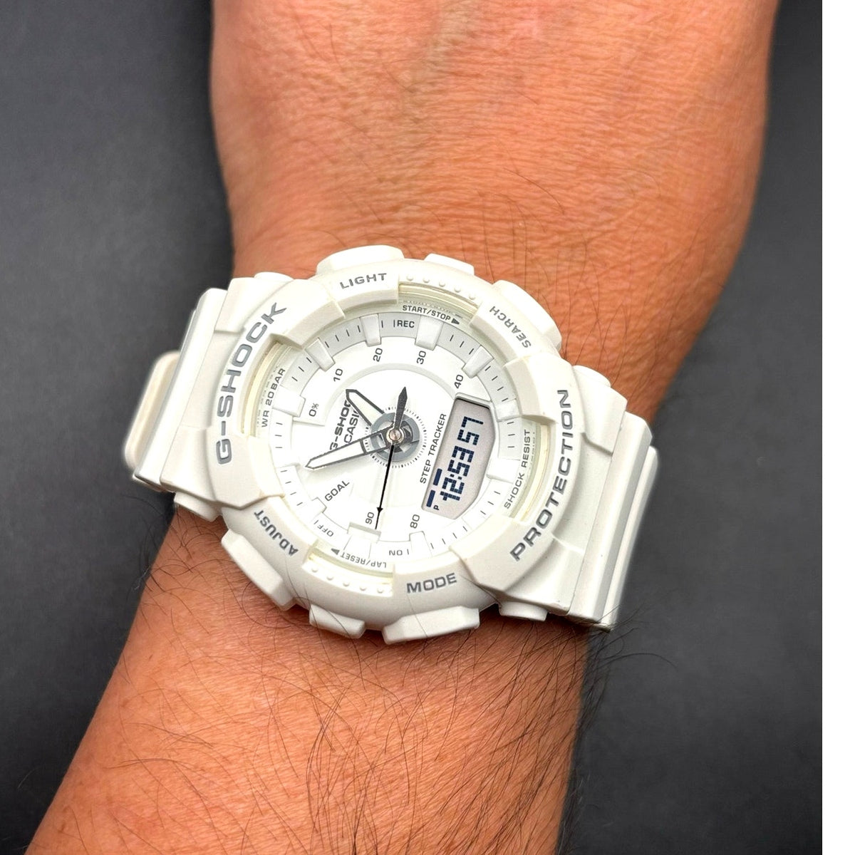 Casio G-Shock GMAS130-7A Unisex White Analog Digital Step Tracker Watch