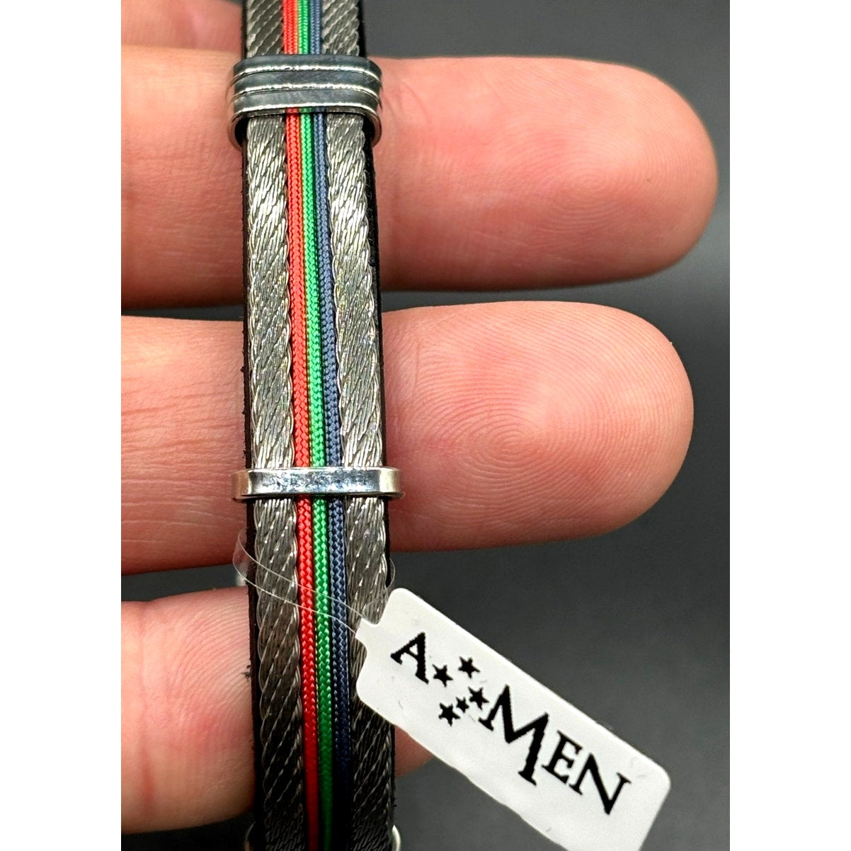 AMEN Italian Stainless Steel Cable Men's Bracelet Leather Red Green Blue NWT