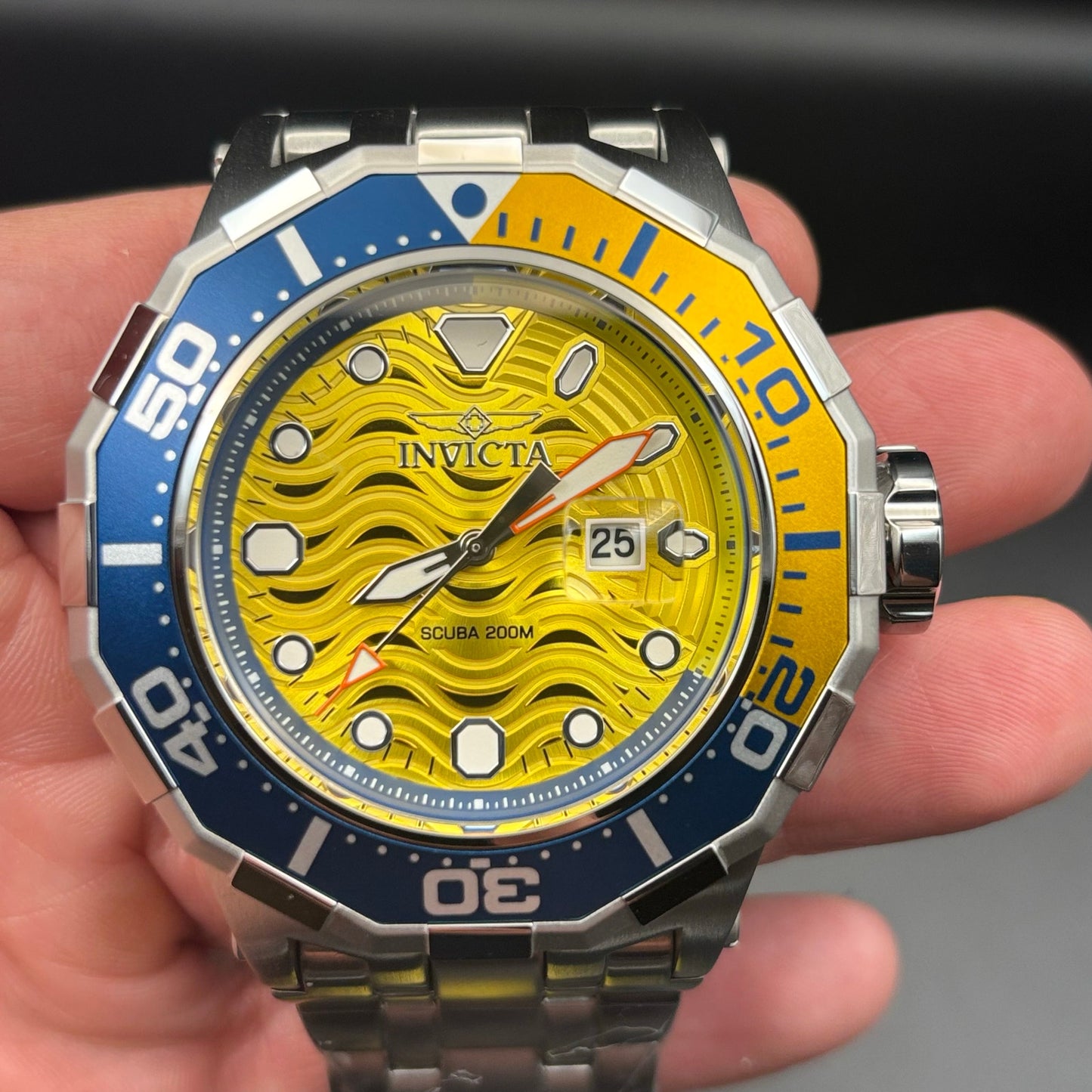 Invicta 47844 Pro Diver Wave Scuba Yellow Dial Blue Bezel Steel Alum Men's Watch