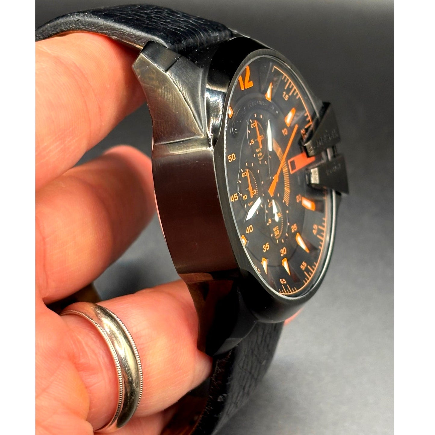 Diesel Mega Chief DZ4291 Black Orange Chronograph Leather Men's Watch 51mm