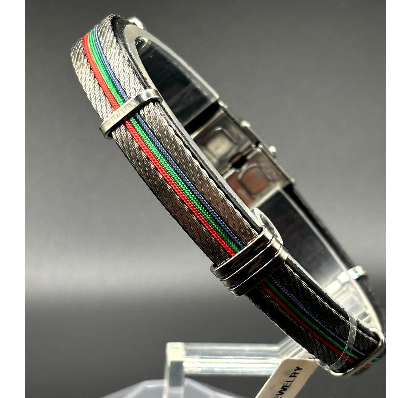 AMEN Italian Stainless Steel Cable Men's Bracelet Leather Red Green Blue NWT